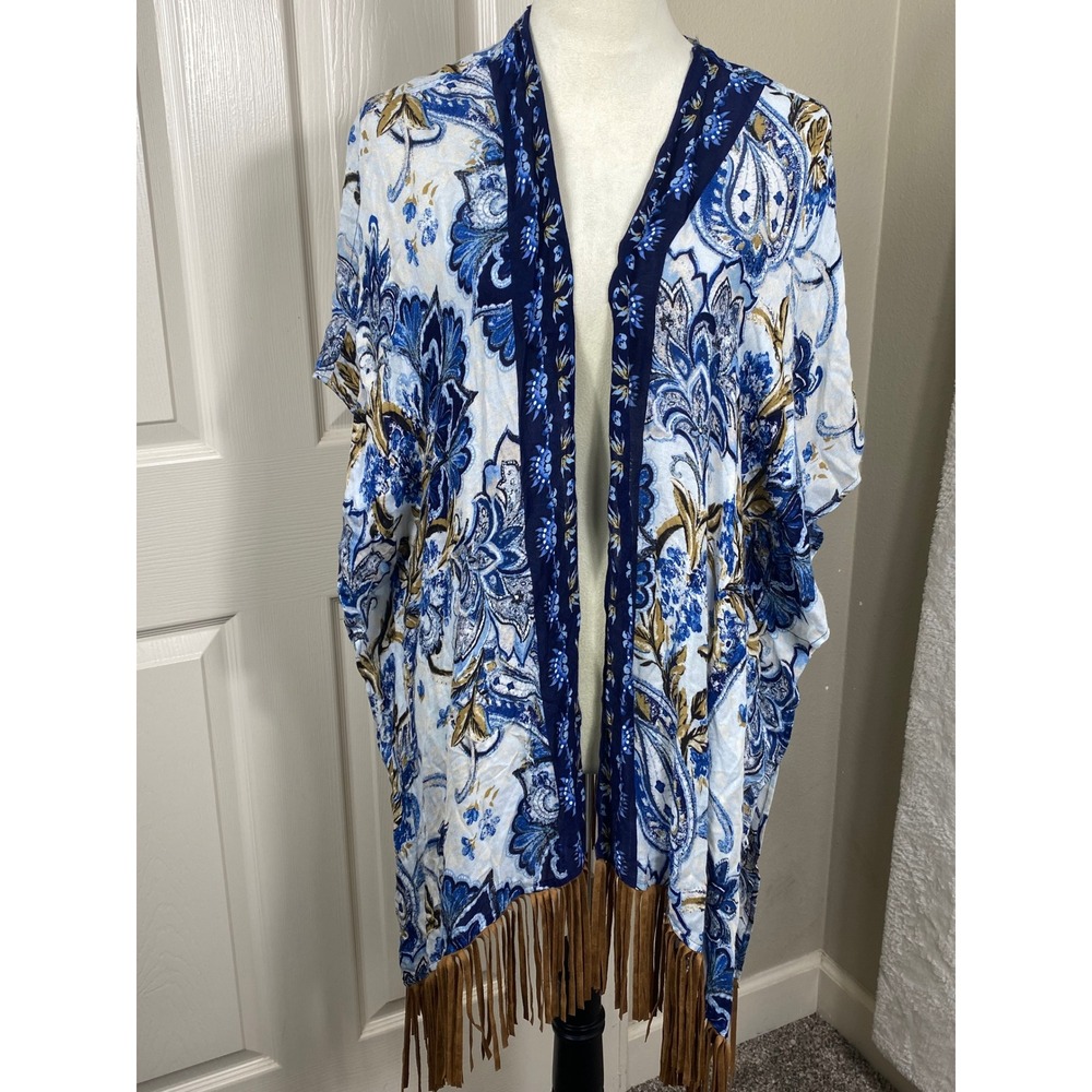 Chico's S/M Paisley Kimono Duster with‎ Fringe Open Front Bohemian Cover Up
